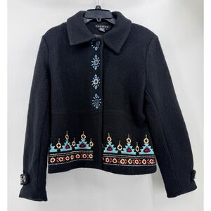 Chaska Womens Black Boiled Wool Embroidered Southwestern Jacket Size L Boho Coat